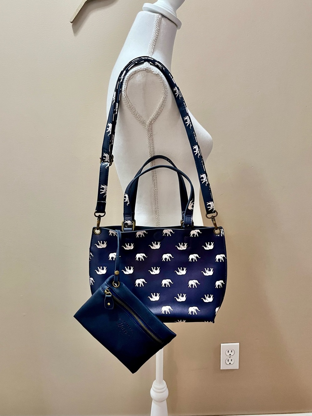 G.H. Bass & Co. Navy and White Elephant Print Handbag With Removable Pouch